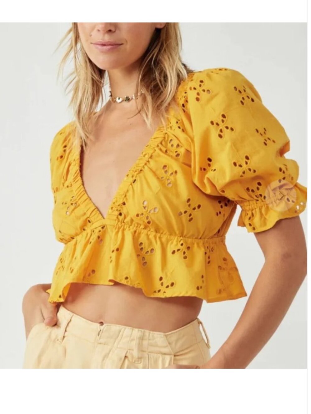 Free People Gardenia Eyelet Crop Top Golden Girl Mustard Size XS
